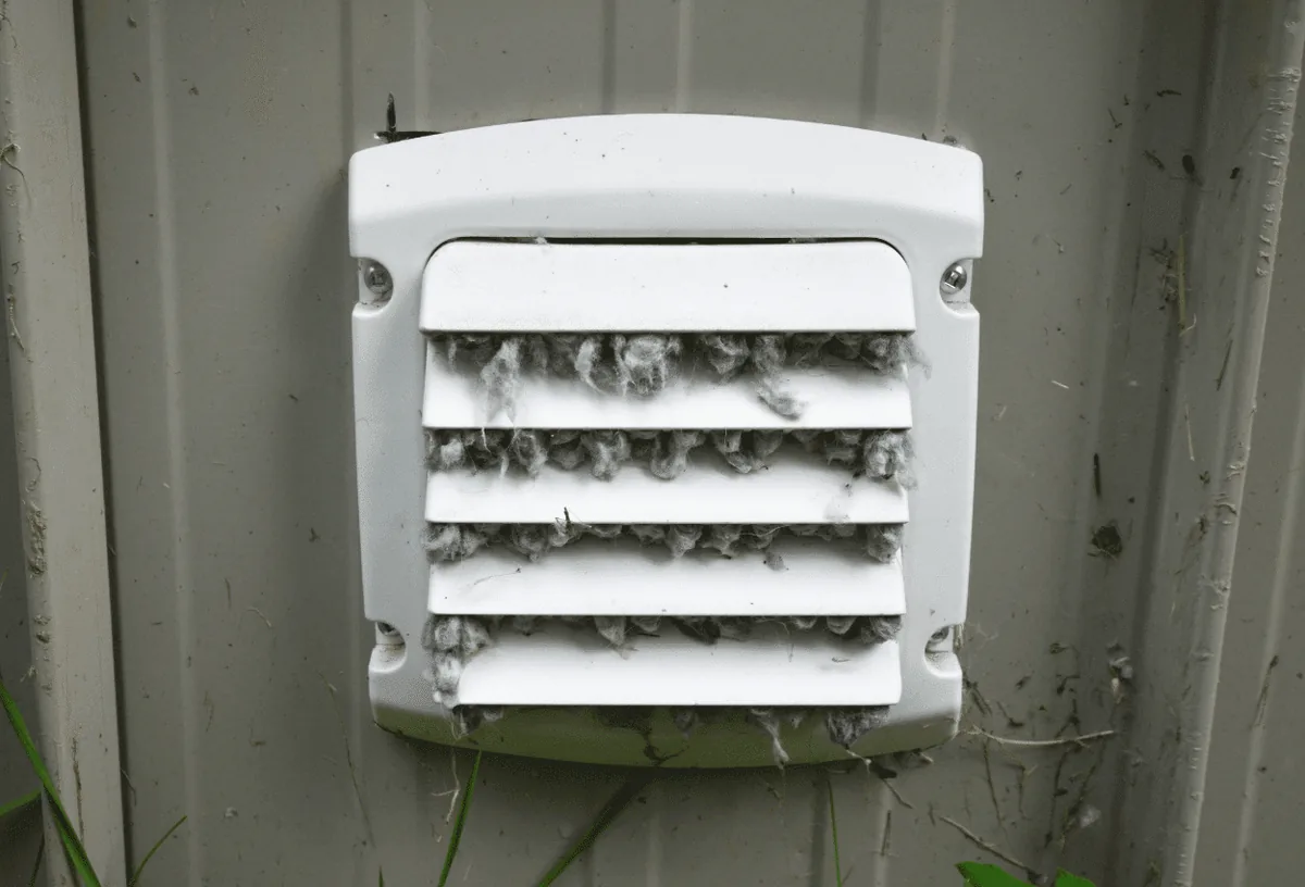 A picture of a dryer vent with lots of lint.