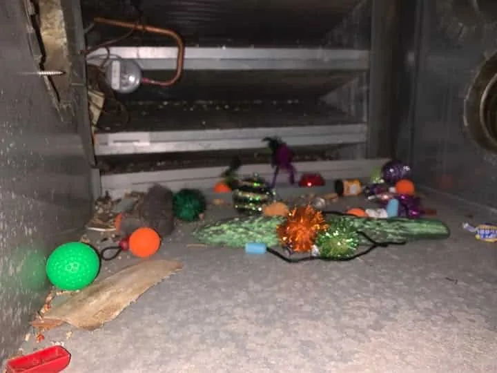 Toys and small objects found inside residential air duct during cleaning