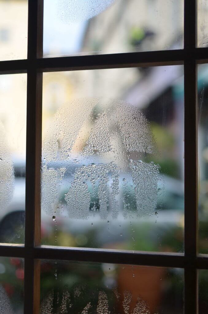 Water droplets on the inside of a window.