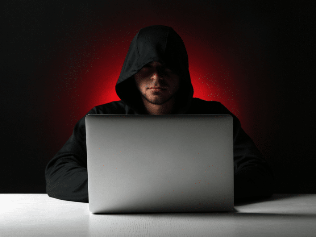 A man in a black hoodie hiding his face behind a laptop for a blog about online air duct cleaning scams in Colorado Springs. 